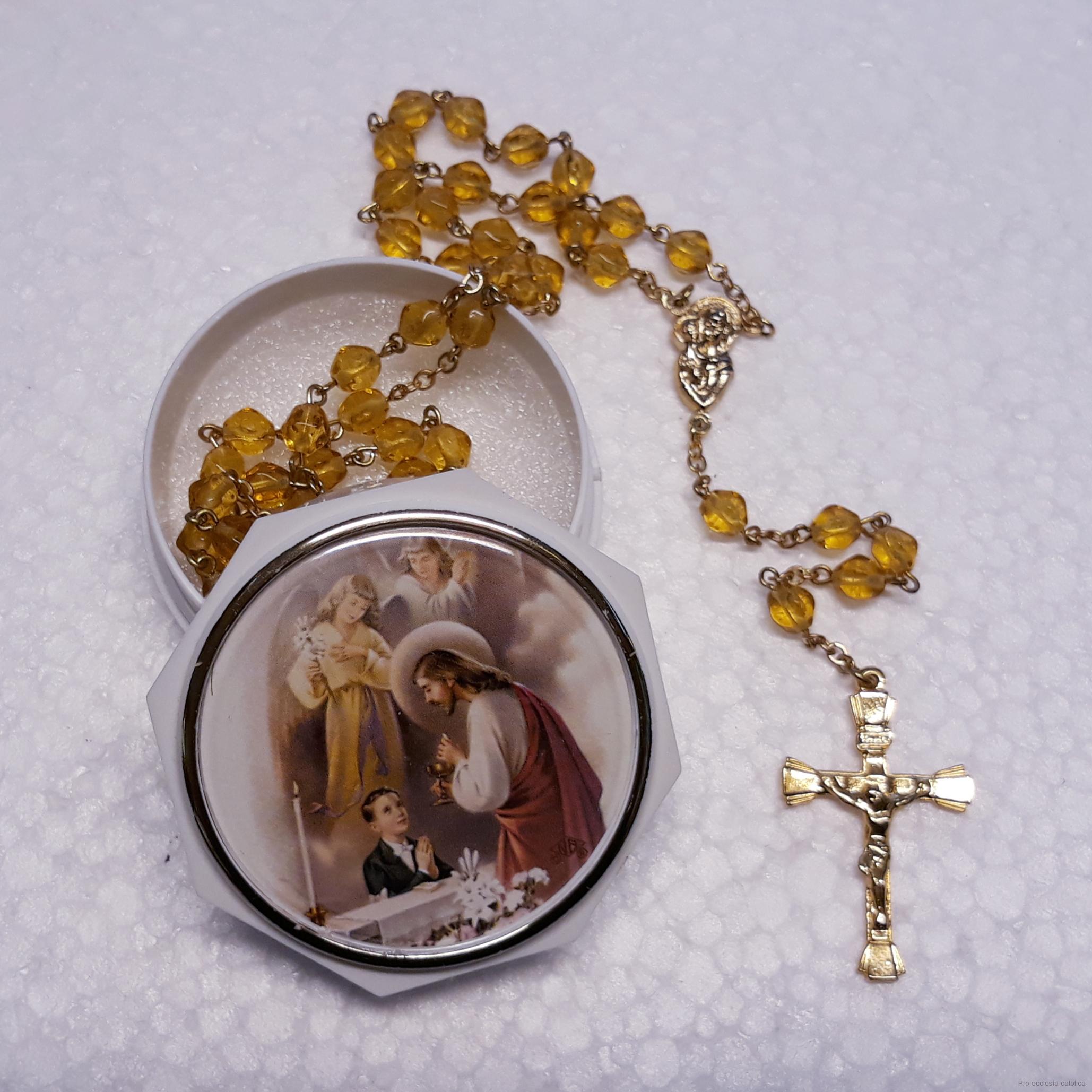 Růženec v krabičce k prvnímu svatému přijímání žlutý