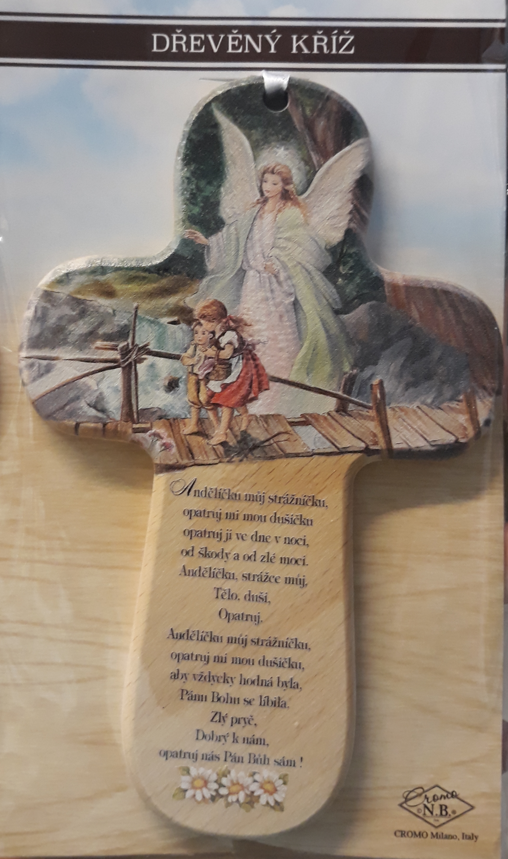 Dřevěný křížek s obrázkem Anděla strážného a modlitbou