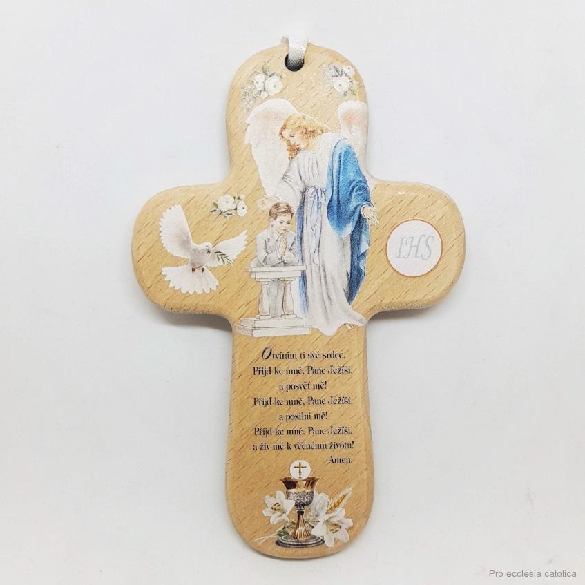 Dřevěný křížek s obrázkem k Prvnímu svatému Přijímání (chlapec)