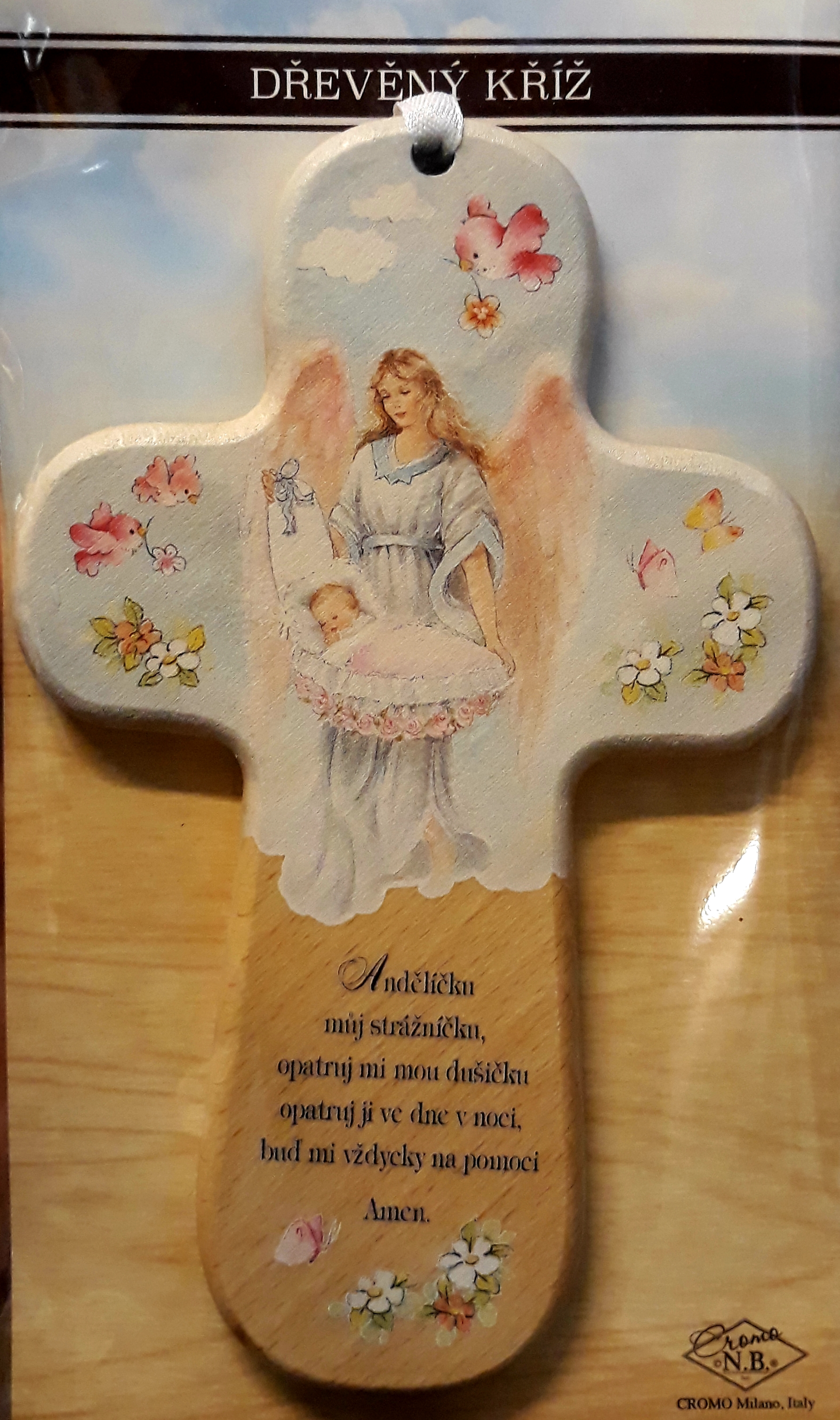 Dřevěný křížek s obrázkem anděla nad miminkem