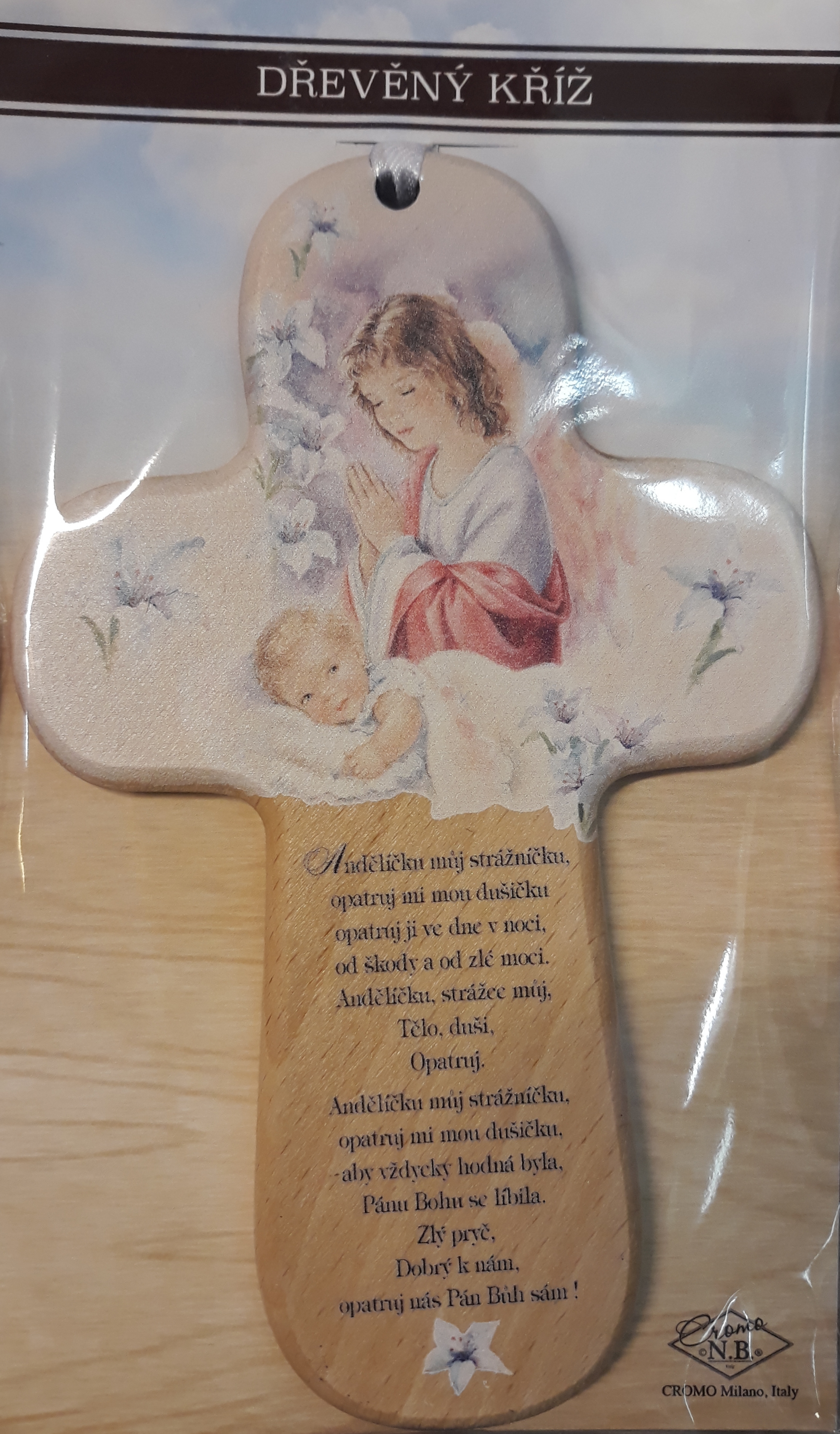 Dřevěný křížek s obrázkem anděla a miminka, modlitba
