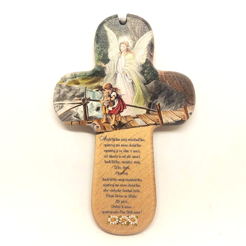 Dřevěný křížek s obrázkem Anděla strážného a modlitbou