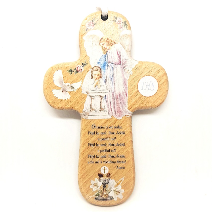 Dřevěný křížek s obrázkem k Prvnímu svatému Přijímání (dívka)