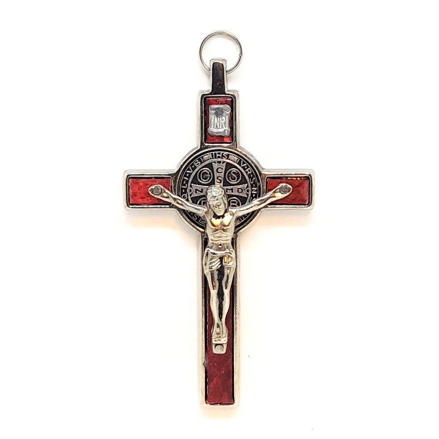 Benediktinský křížek (8 cm) kov vykládaný dřevem (vínový)
