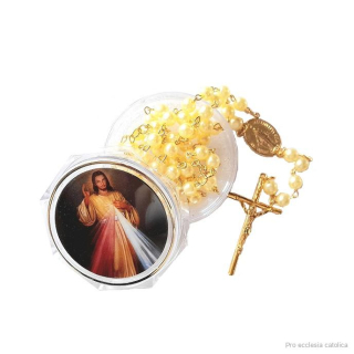Růženec žluté perličky v krabičce Boží Milosrdenství