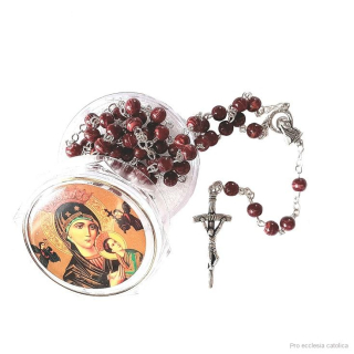 Růženec rudý (sklo) s krabičkou Panna Maria Ustavičné pomoci