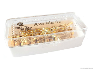 Růženec (kov) zlatý s krabičkou  Ave Maria
