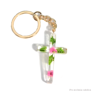 Kříž pryskyřice (klíčenka) růžový květ