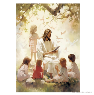 Ježíš s dětmi (obraz na plátně) 20x30 cm